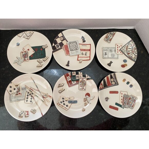 Faiencerie De Gien Jeux 7" Canape Plates, Made in France (Qty. 6) - Picture 1 of 9